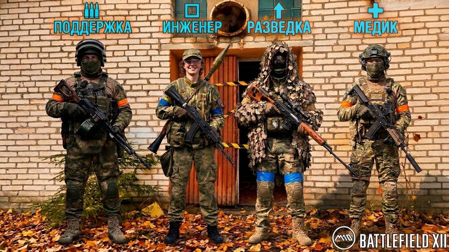 Четыре специализации и их знаки на повязке: поддержка, инженер, разведка, медик
